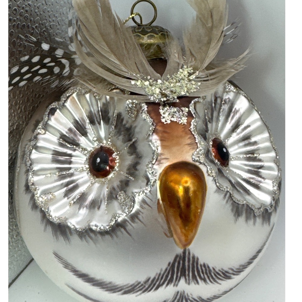 Vintage Style Glass Owl Christmas Ornament Feather Accents Silver Glitter 4 Inch